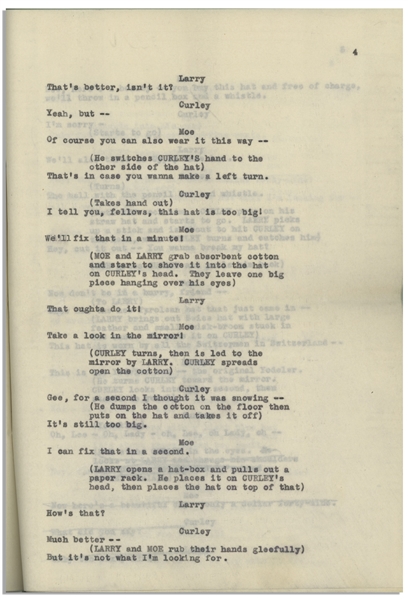 Moe Howard's 10pp. ''HATS'' Script, Circa 1933 Where Moe & Larry Try to Sell Curly a Hat -- Similar to ''New Hat'' Scene With Ted Healy -- 9'' x 12'' -- Heavy Wear to Covers, But Script Is Near Fine